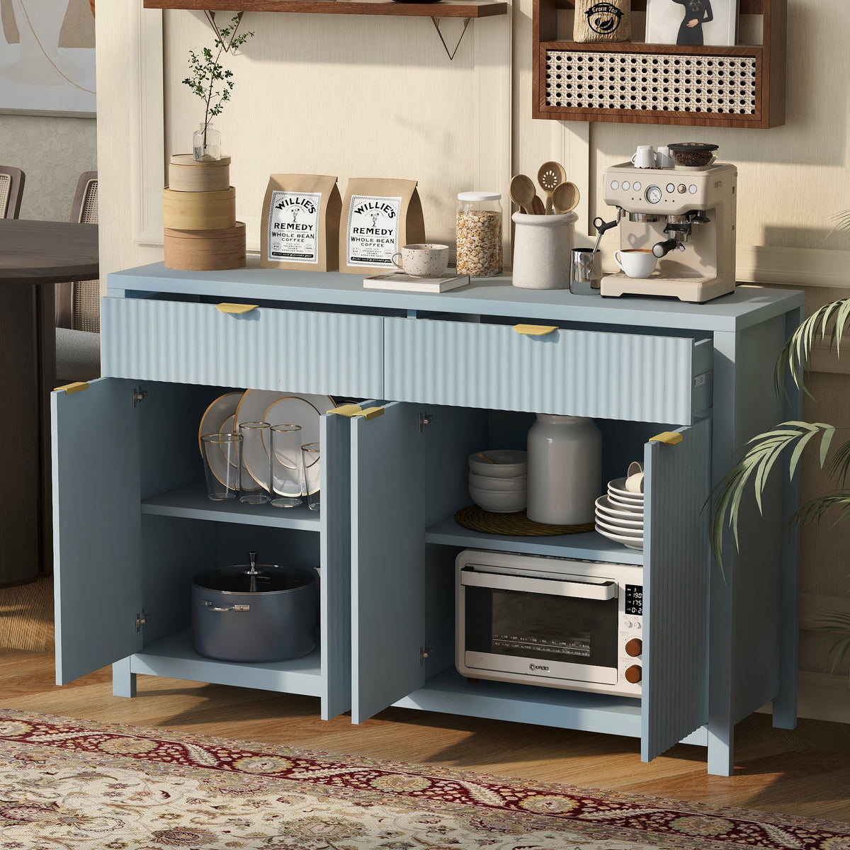 Fluted Sideboard Buffet 55 in, Light Blue, 2 Drawers and 4 Doors - view 3