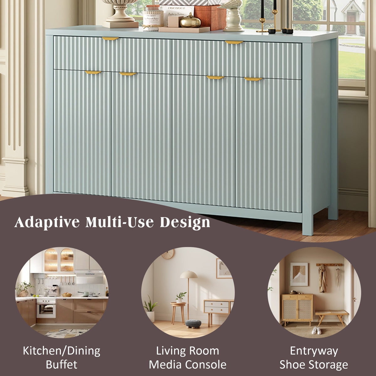 Fluted Sideboard Buffet 55 in, Light Blue, 2 Drawers and 4 Doors - view 8
