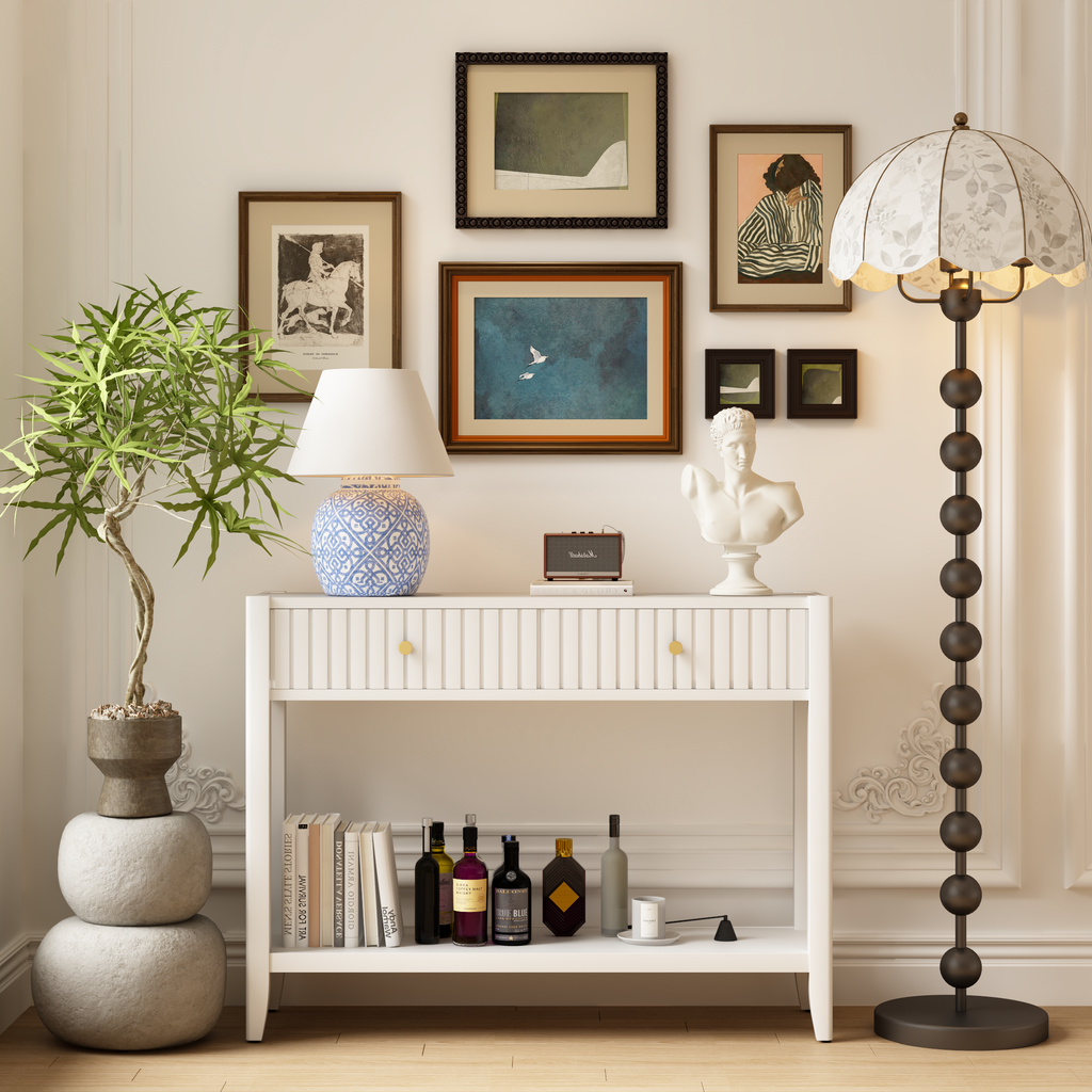 White Entryway Console Table with Drawers and Open Shelf, 39.4 in - view 2