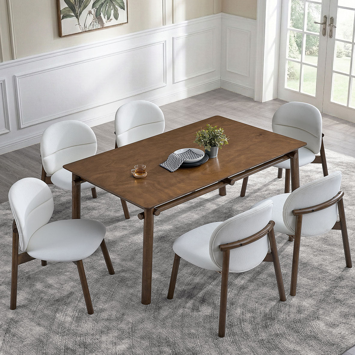 58 in Mid-Century Dining Table Set with Upholstered Chairs, Seats 4 to 6 - Walnut / 2 Dining chairs
