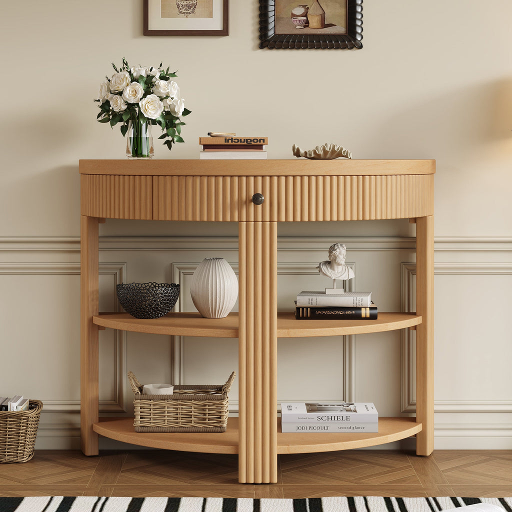 Natural Fluted Entryway Console Table with Drawer and Two Shelves, 37 in