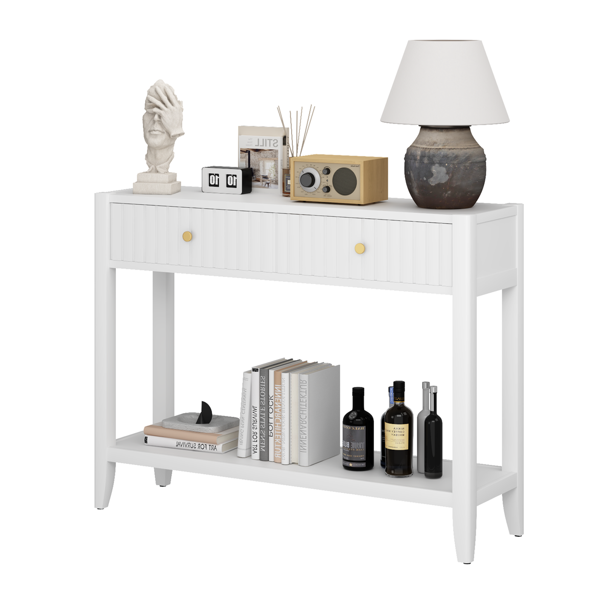 White Entryway Console Table with Drawers and Open Shelf, 39.4 in - view 19