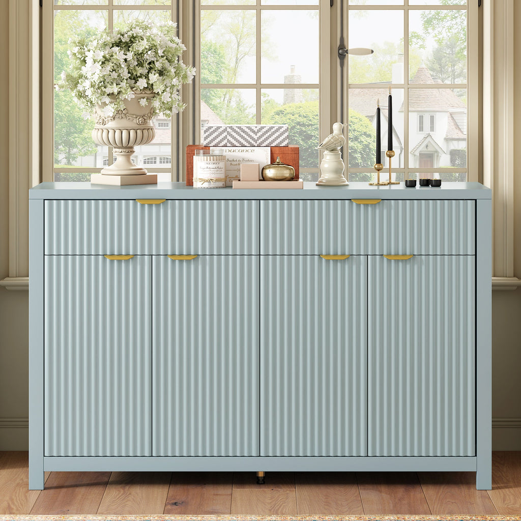 Fluted Sideboard Buffet 55 in, Light Blue, 2 Drawers and 4 Doors
