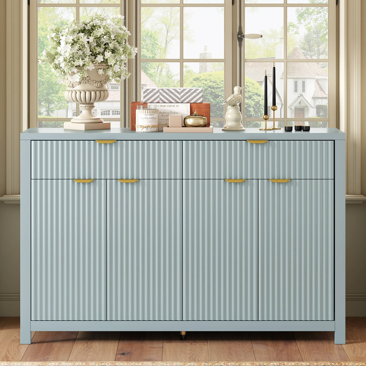 Fluted Sideboard Buffet 55 in, Light Blue, 2 Drawers and 4 Doors