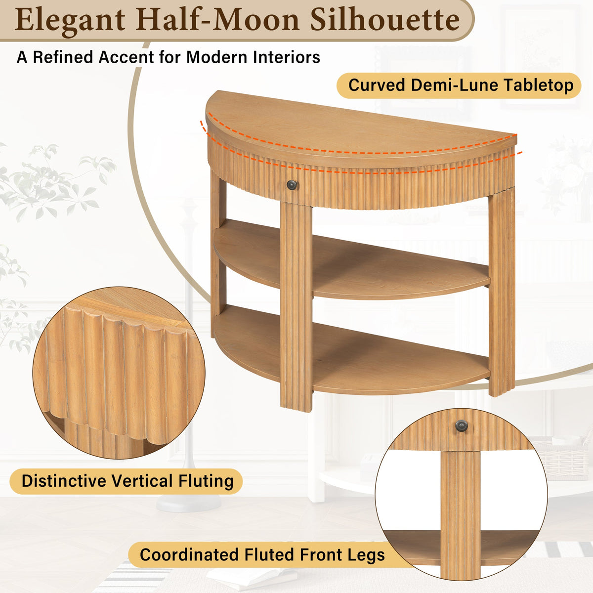 Natural Fluted Entryway Console Table with Drawer and Two Shelves, 37 in - view 7