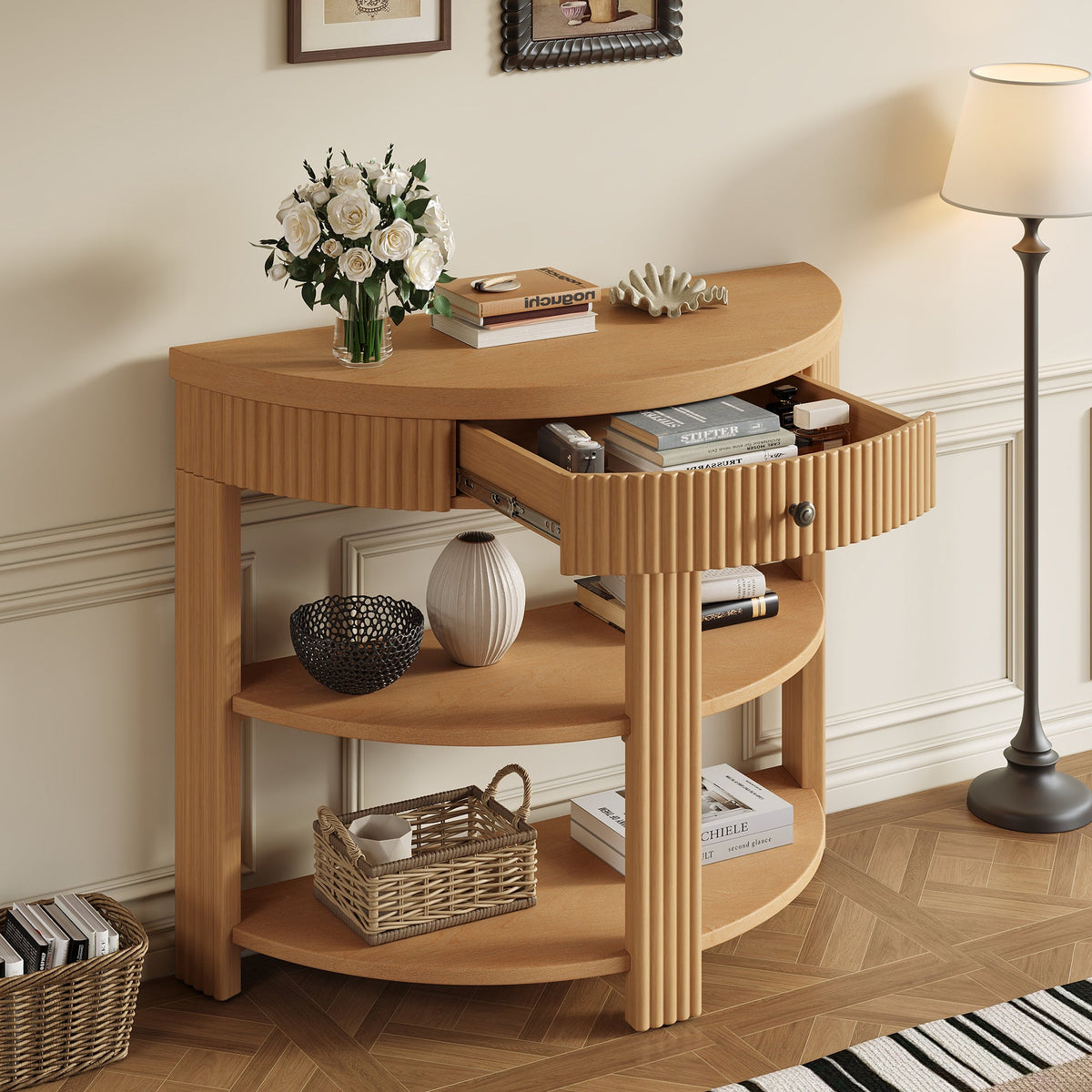Natural Fluted Entryway Console Table with Drawer and Two Shelves, 37 in - view 2