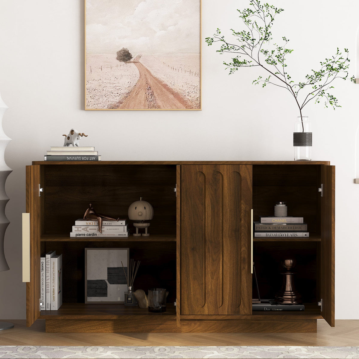Walnut Fluted Sideboard Buffet 55 in, 4 Paneled Doors, 2 Cabinets - view 3