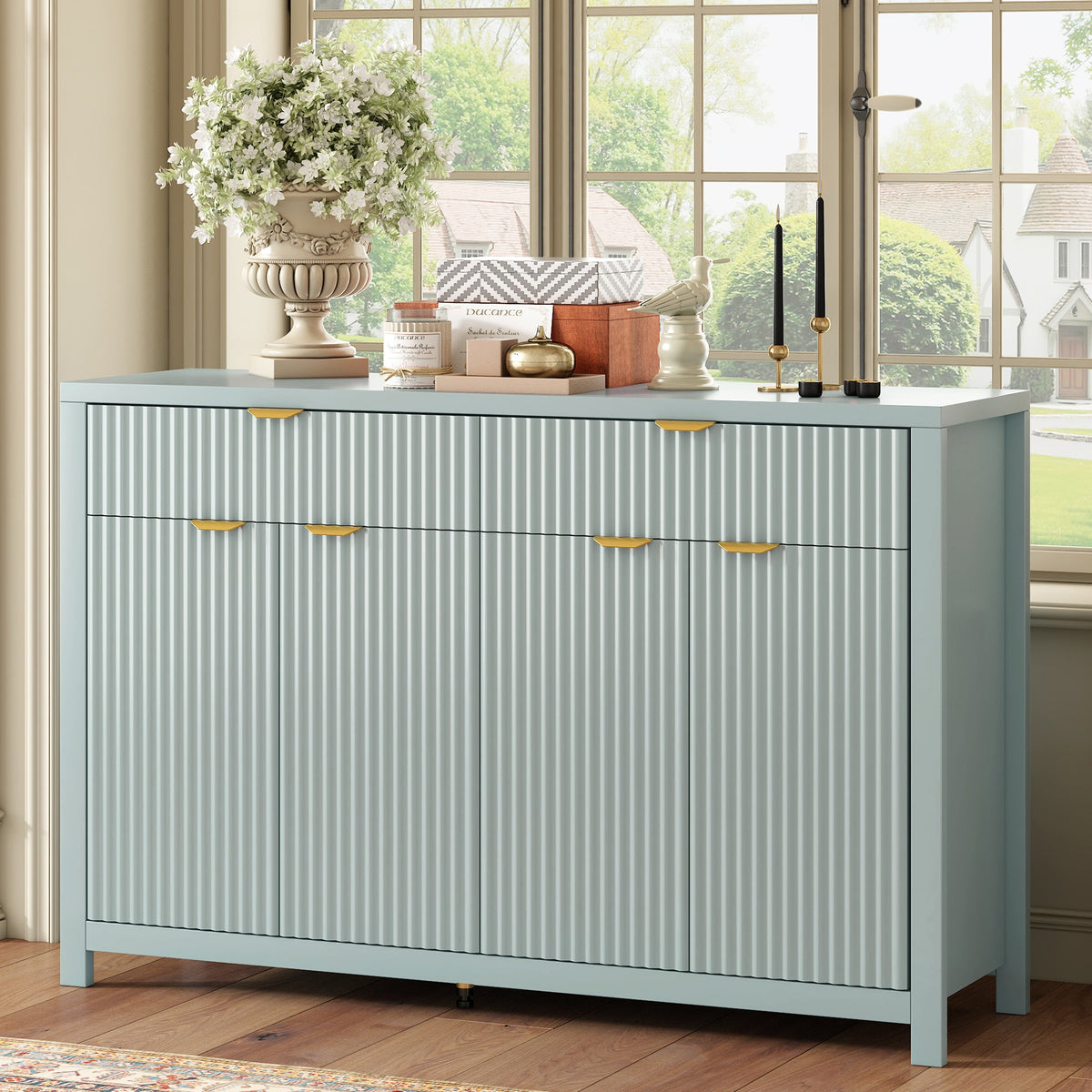 Fluted Sideboard Buffet 55 in, Light Blue, 2 Drawers and 4 Doors - view 2