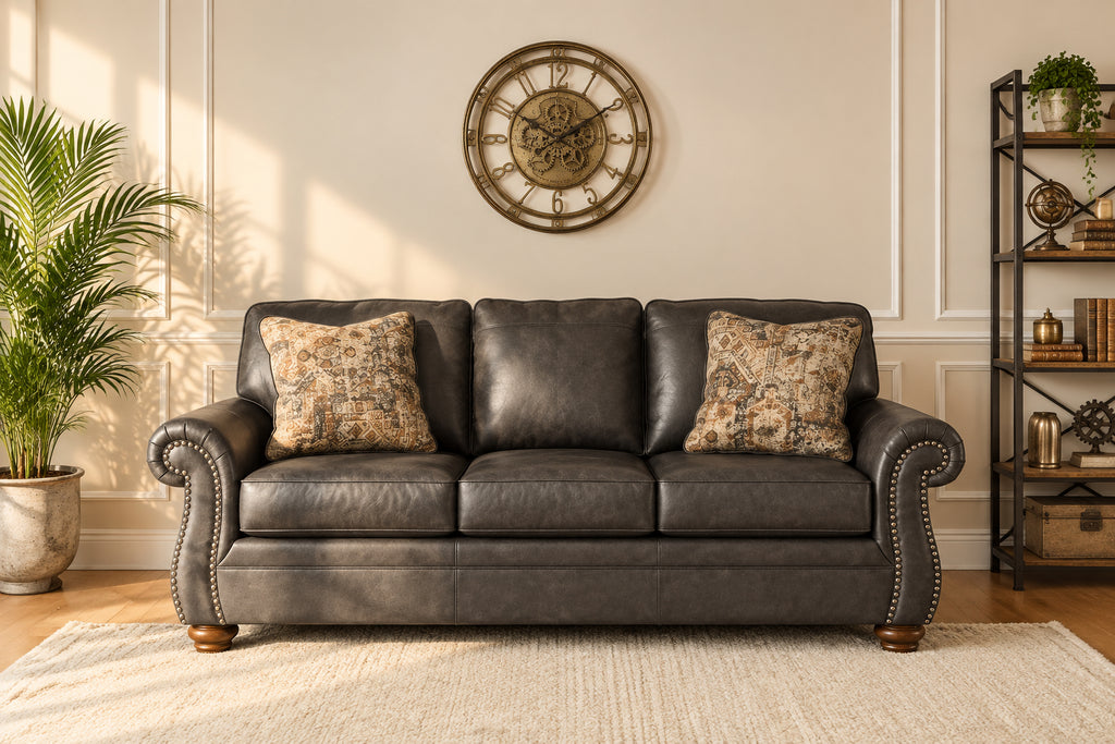 Traditional Roll-Arm Sofa with Nailhead Trim and Toss Pillow, Dark Brown or Dark Gray - view 8