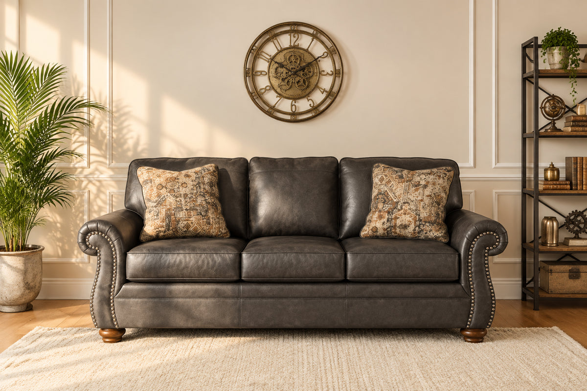 Traditional Roll-Arm Sofa with Nailhead Trim and Toss Pillow, Dark Brown or Dark Gray - view 8