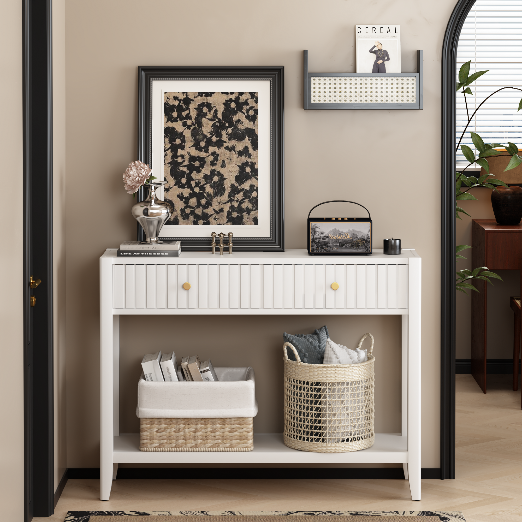 White Entryway Console Table with Drawers and Open Shelf, 39.4 in - view 10