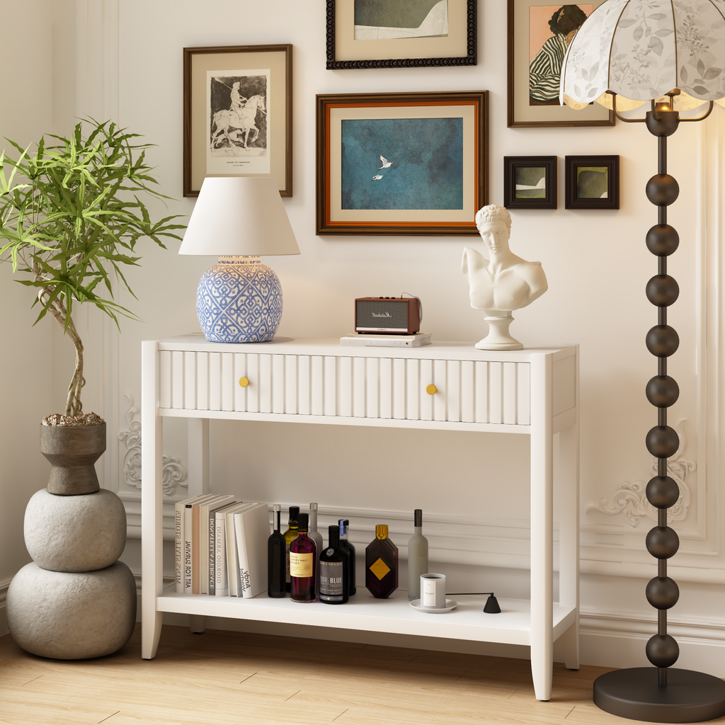 White Entryway Console Table with Drawers and Open Shelf, 39.4 in