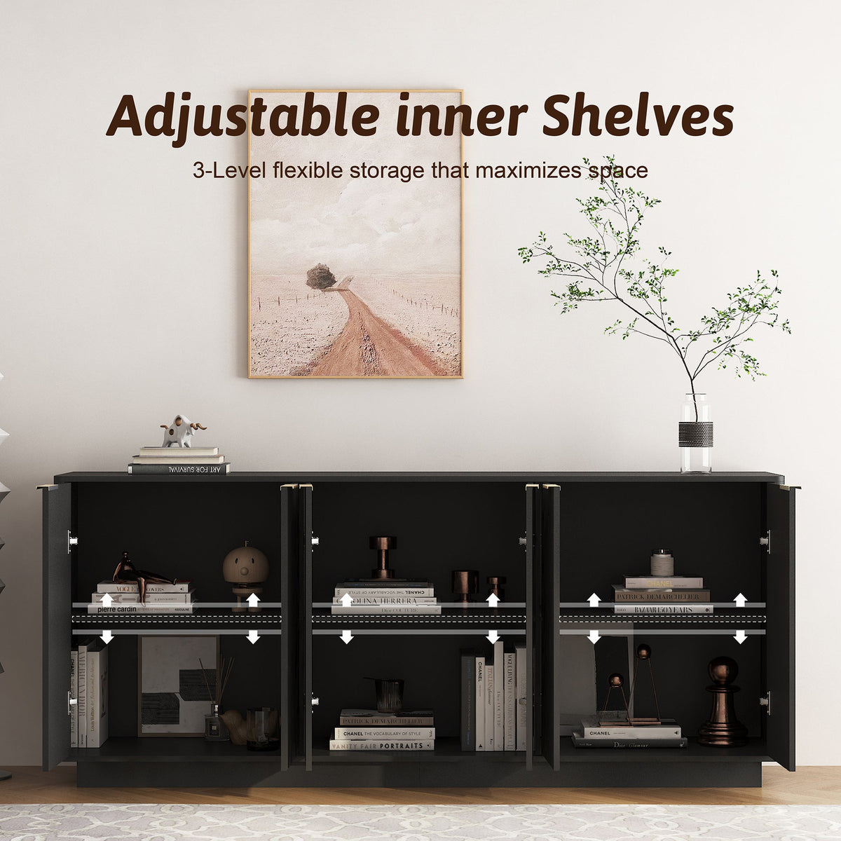 Fluted Sideboard Buffet 75 in, Black, 6 Doors with Adjustable Shelves - view 6