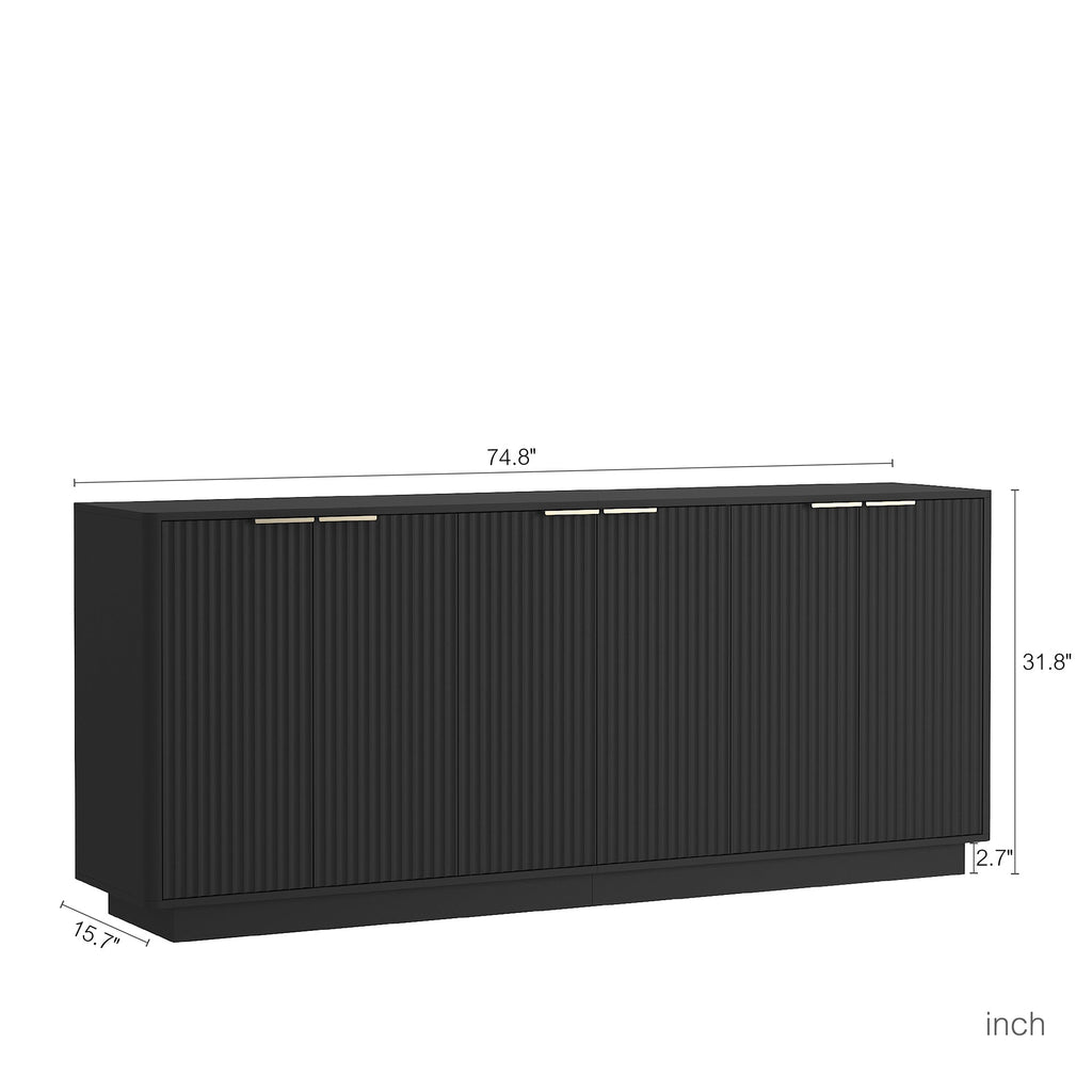Fluted Sideboard Buffet 75 in, Black, 6 Doors with Adjustable Shelves - view 7