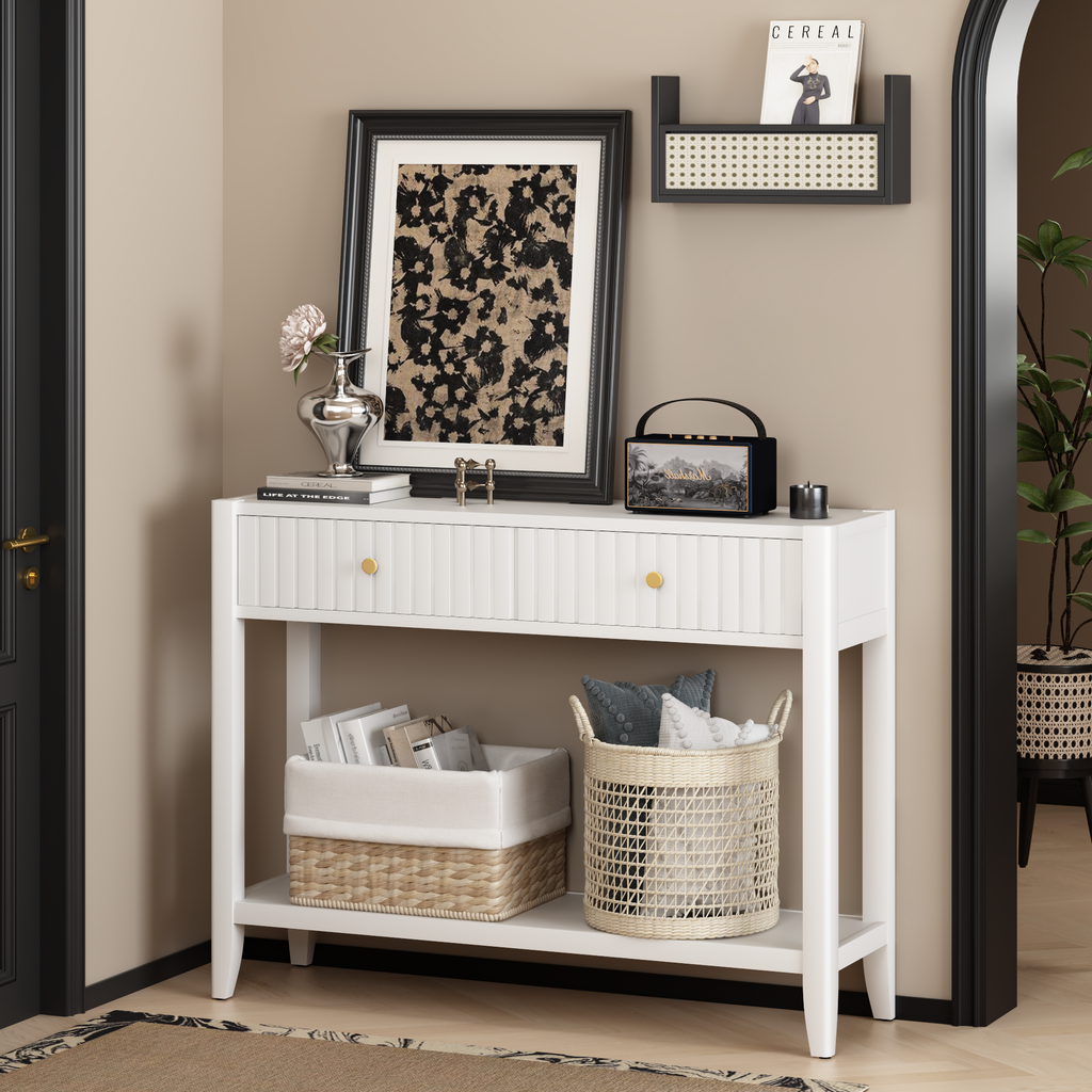 White Entryway Console Table with Drawers and Open Shelf, 39.4 in - view 11