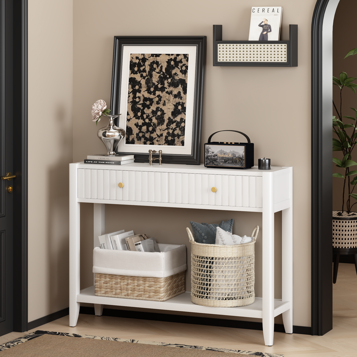 White Entryway Console Table with Drawers and Open Shelf, 39.4 in - view 11