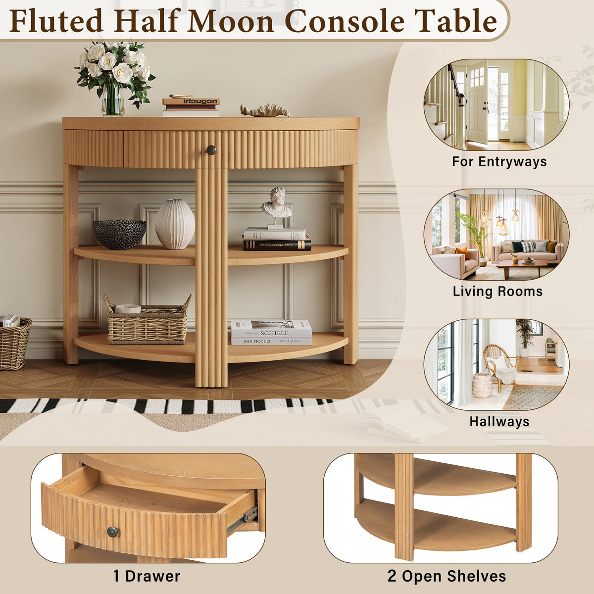 Natural Fluted Entryway Console Table with Drawer and Two Shelves, 37 in - view 4