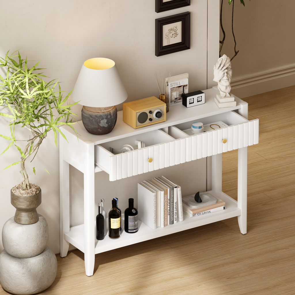 White Entryway Console Table with Drawers and Open Shelf, 39.4 in - view 4